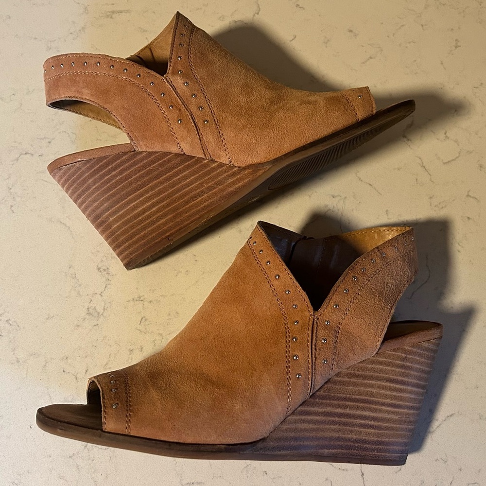 🍀 Lucky Brand Ulyssas Suede Leather Open Toe Wedge Studded Ankle Bootie Sandal - Picture 11 of 16